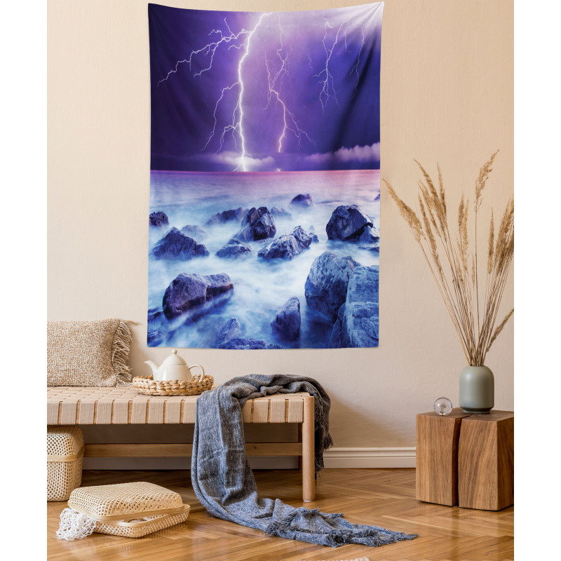 Stormy Sky Ocean Rocks Night Tapestry