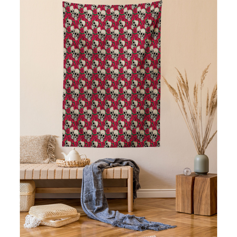 Skulls Red Blossoms Retro Tapestry