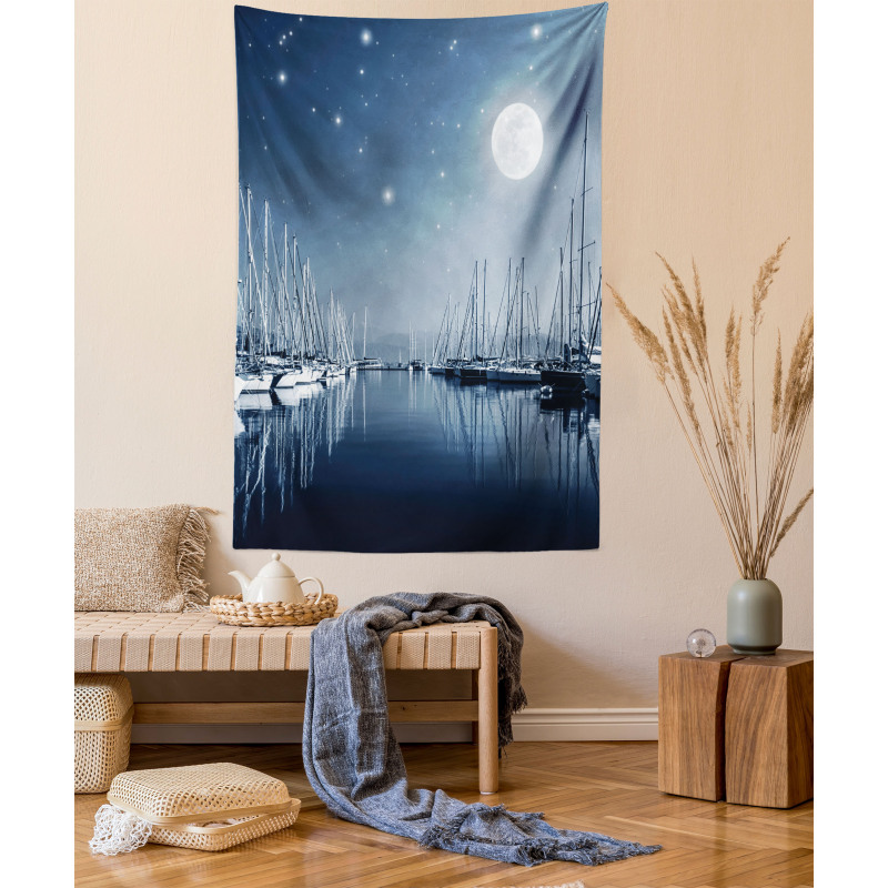 Calm Marina at Night Moon Tapestry