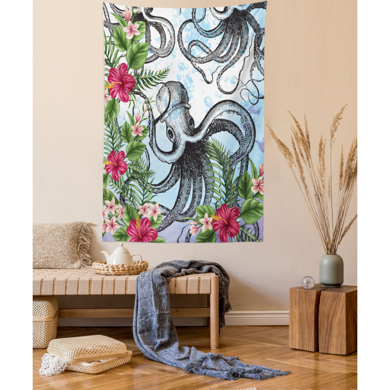 Tropic Hibiscus and Octopus Tapestry