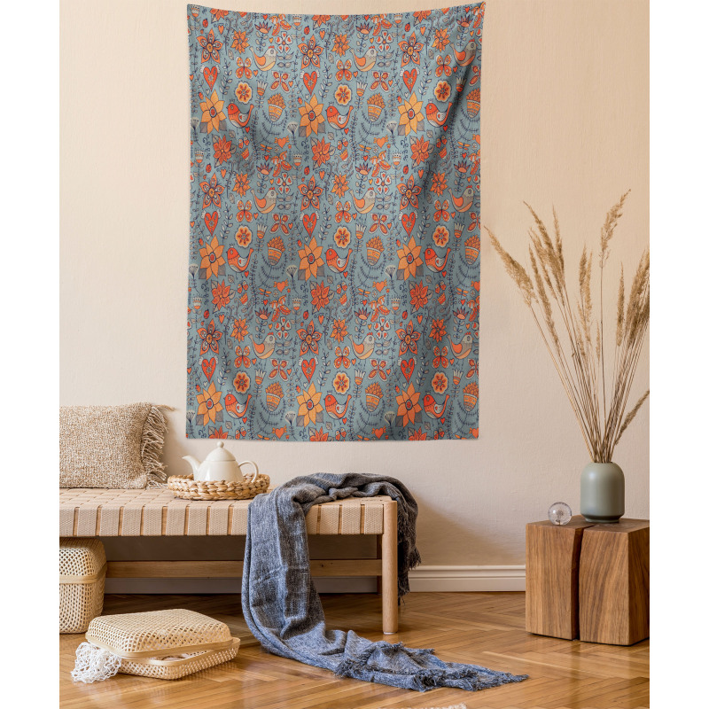 Doodle Birds Flowers Tapestry