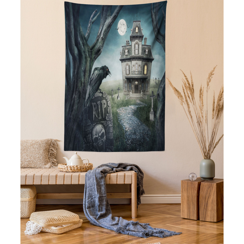 Haunted House Crow Tomb Tapestry
