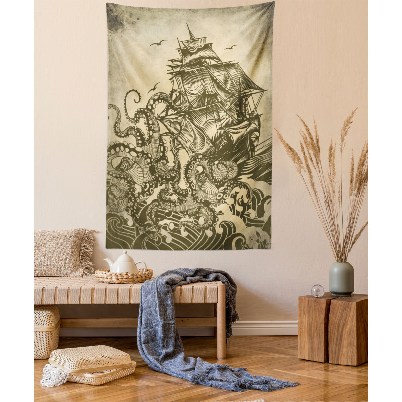 Retro Ship Octopus Theme Tapestry