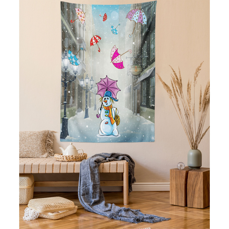 Cartoon Snowman and Umbrella Tapestry