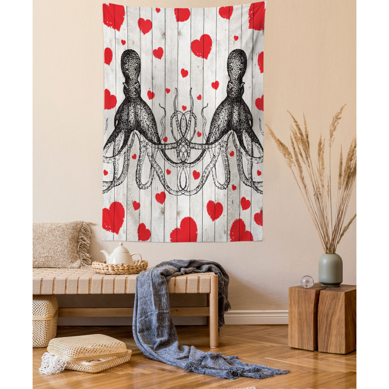 Octopus Sketch and Hearts Tapestry