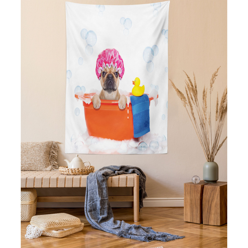Dog Having a Bath Tub Tapestry