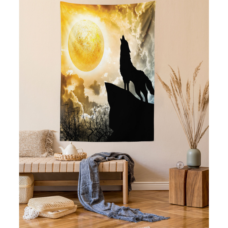 Howling Animal Silhouette Hill Tapestry