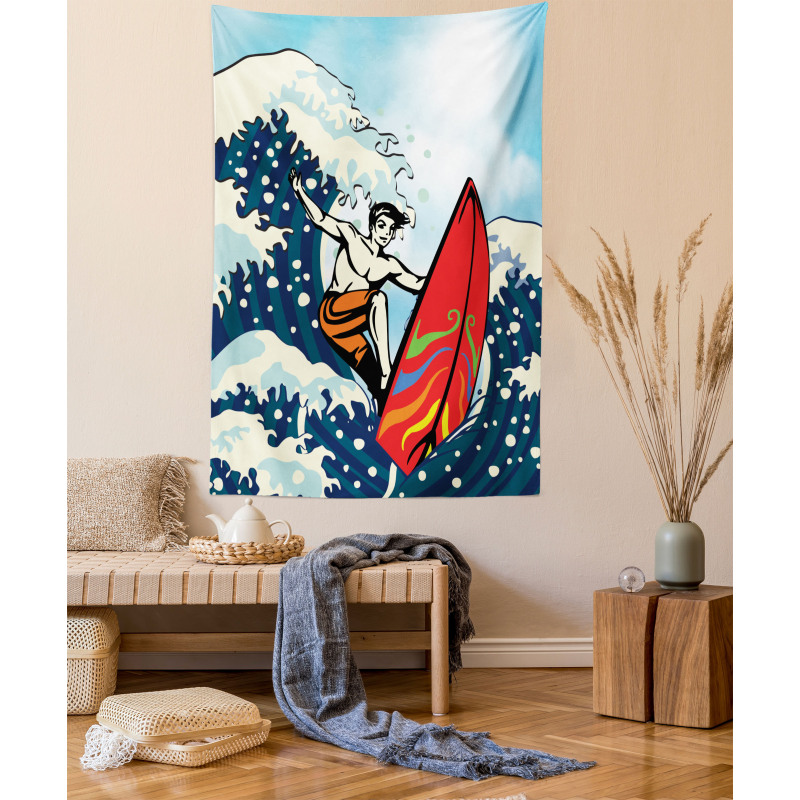 Summer Cartoon Surfing Boy Tapestry