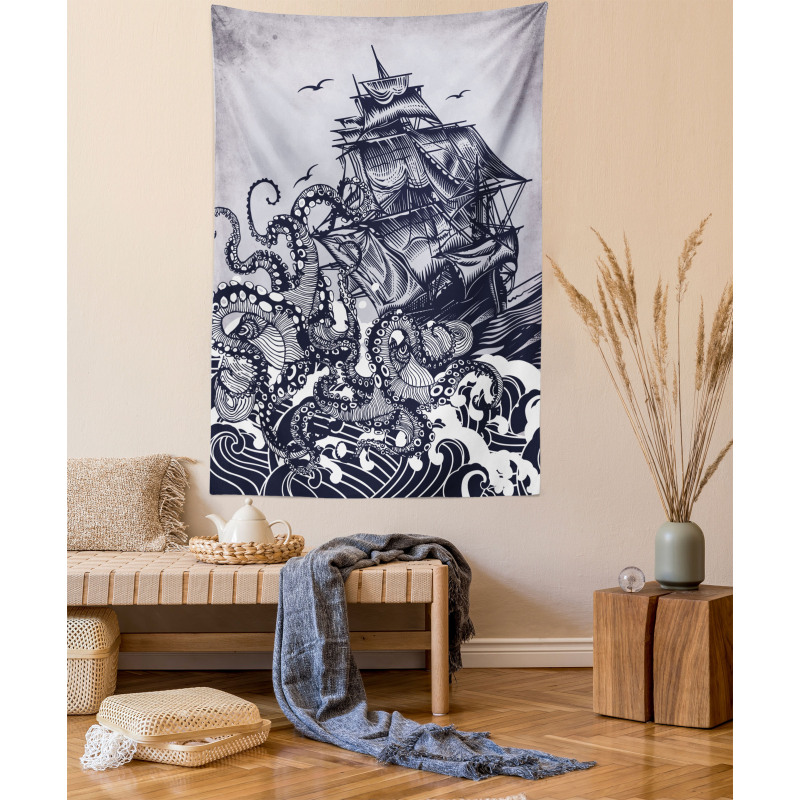 Octopus and Ship in Storm Tapestry