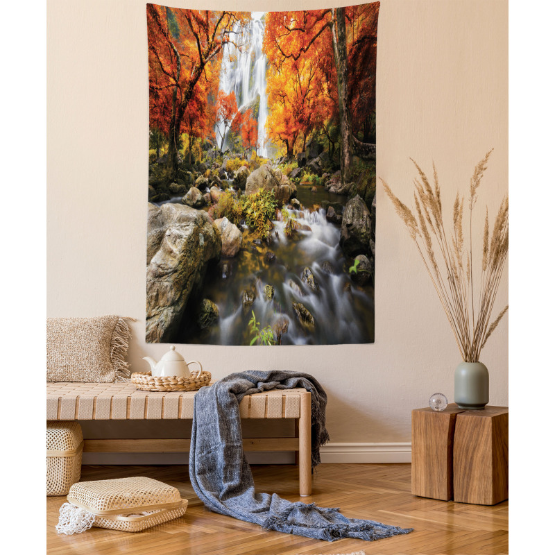 Autumn River Stream on Rocks Tapestry