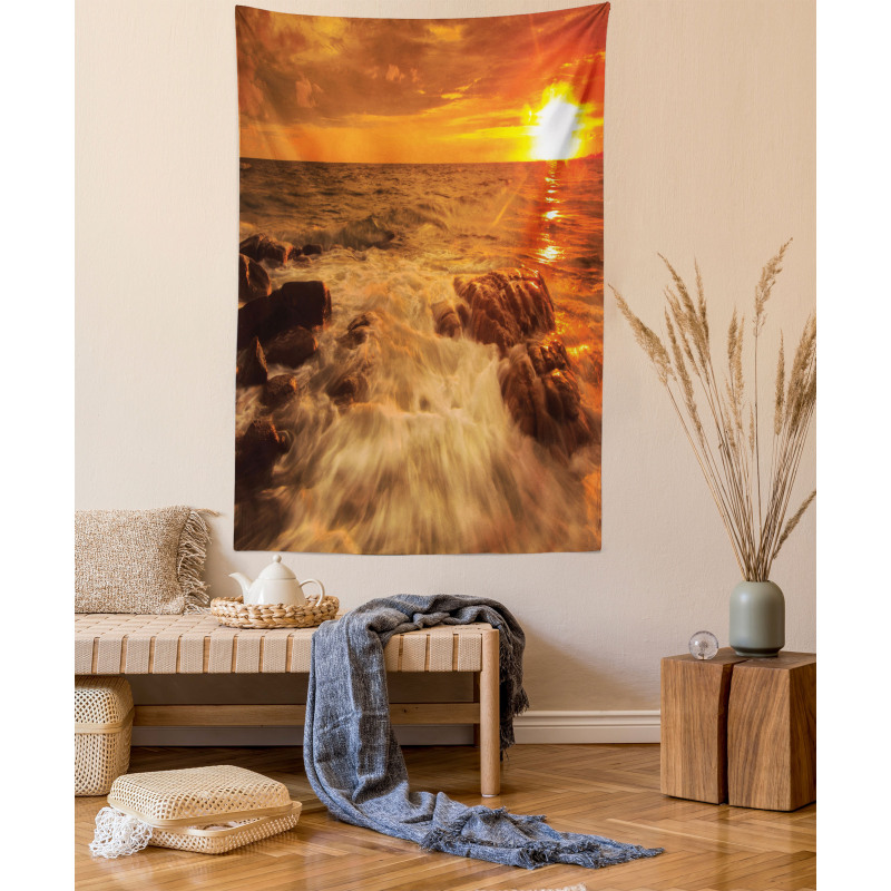 Ocean with Rocks at Sunset Tapestry