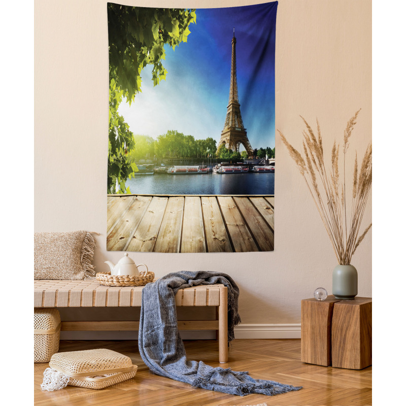 Eiffel Tower Wood Pier Seine Tapestry