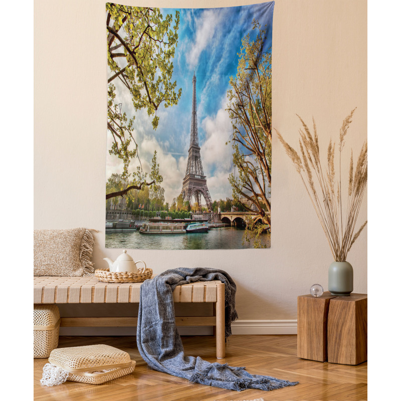 Paris Cloudy Sky Eiffel Tower Tapestry