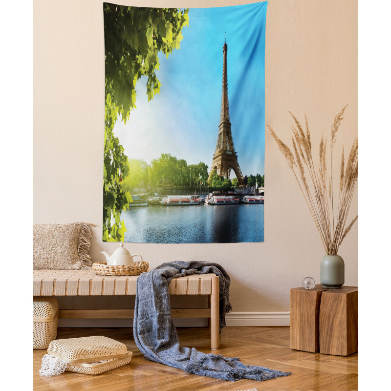 Sunny Day Eiffel Tower River Tapestry