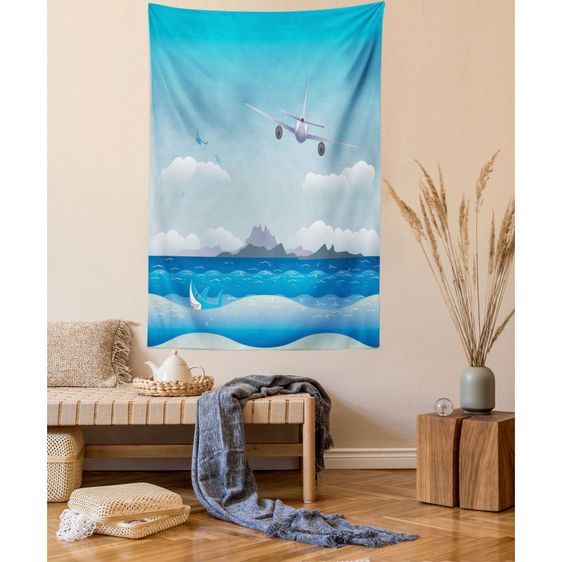 Plane Fly on Sea and Shark Tapestry