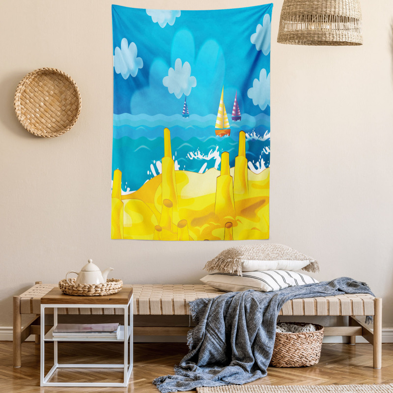 Vibrant Seaside Cartoon Scene Tapestry