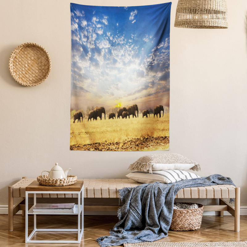 Wild Elephants Herd Tapestry