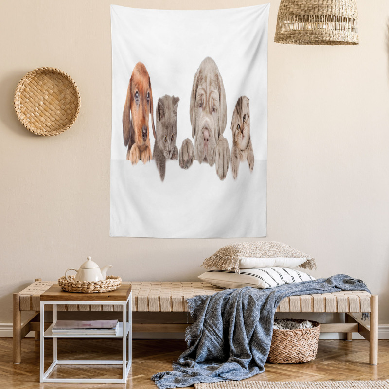 Pets Peeking over Wall Tapestry