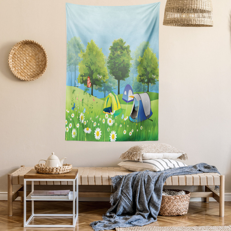 Tents in Spring Forest Tapestry