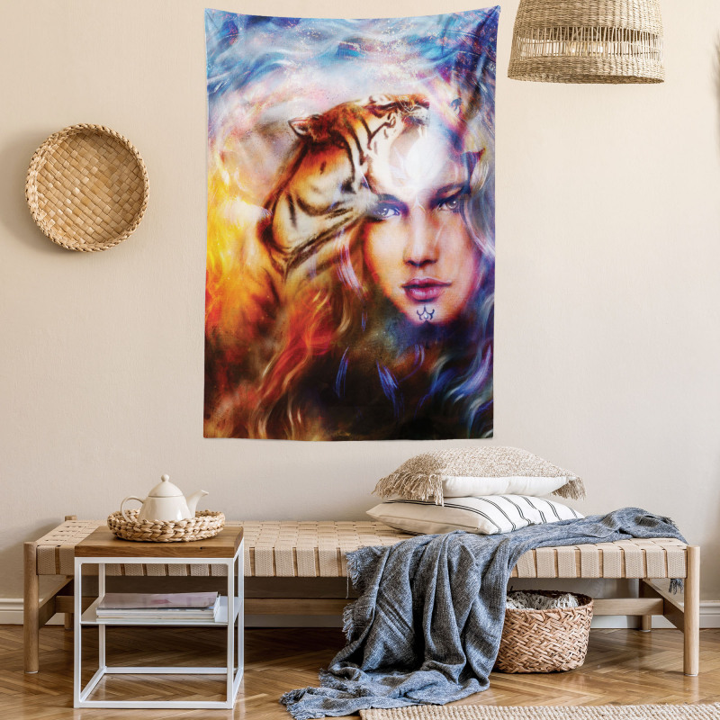 Tiger and Lion Head Tapestry