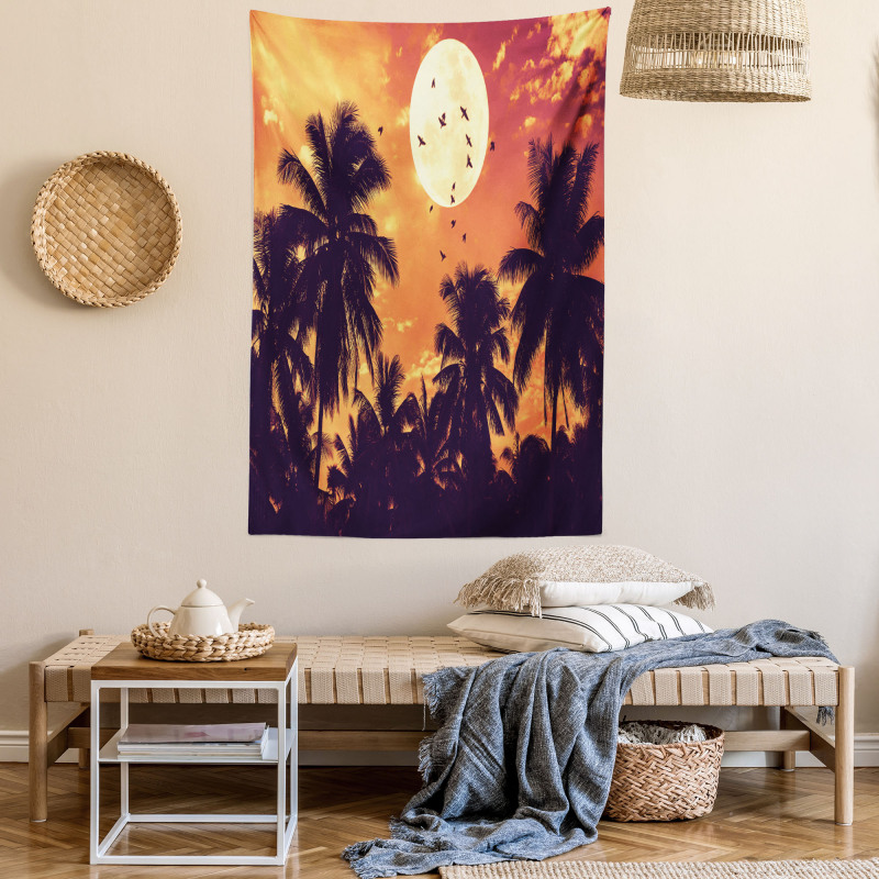 Palms Full Moon Birds Tapestry