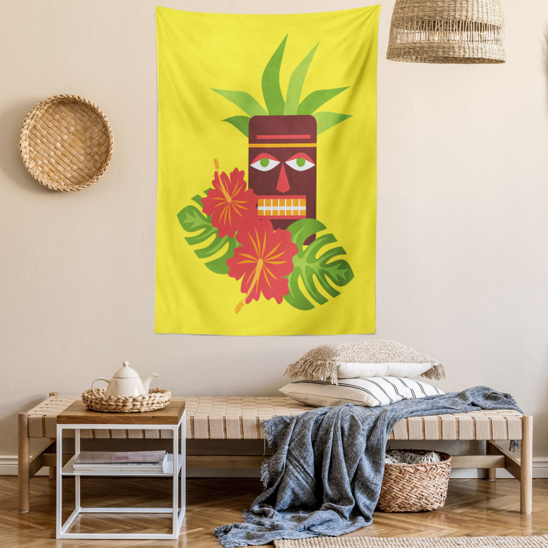 Tiki Mask and Exotic Hibiscus Tapestry