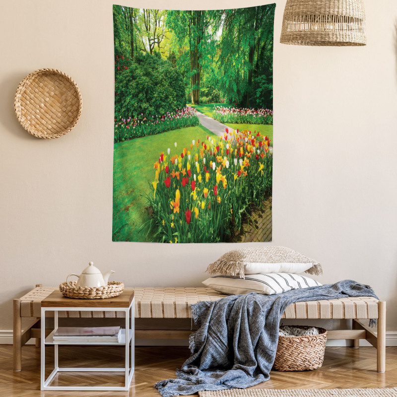 Garden with Tulips Trees Tapestry