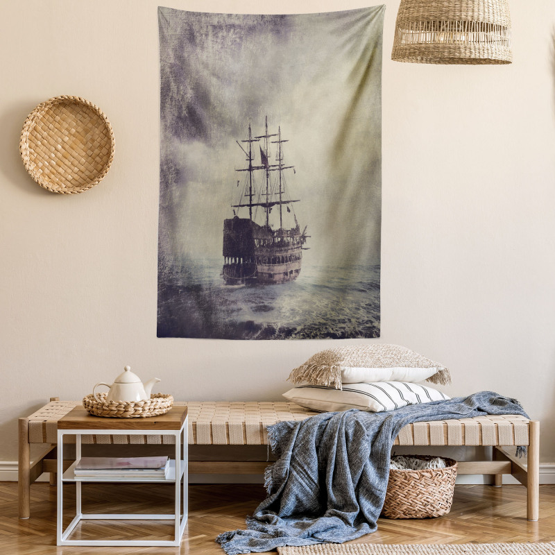 Old Pirate Ship in Sea Tapestry