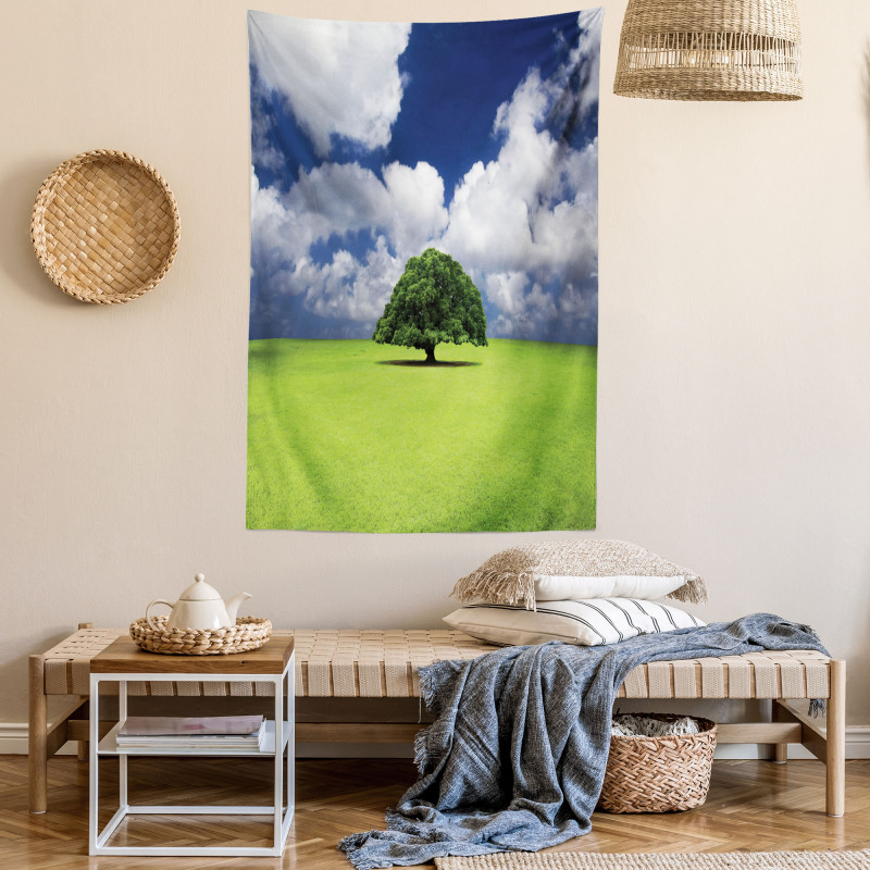 Old Tree in Grass Field Tapestry