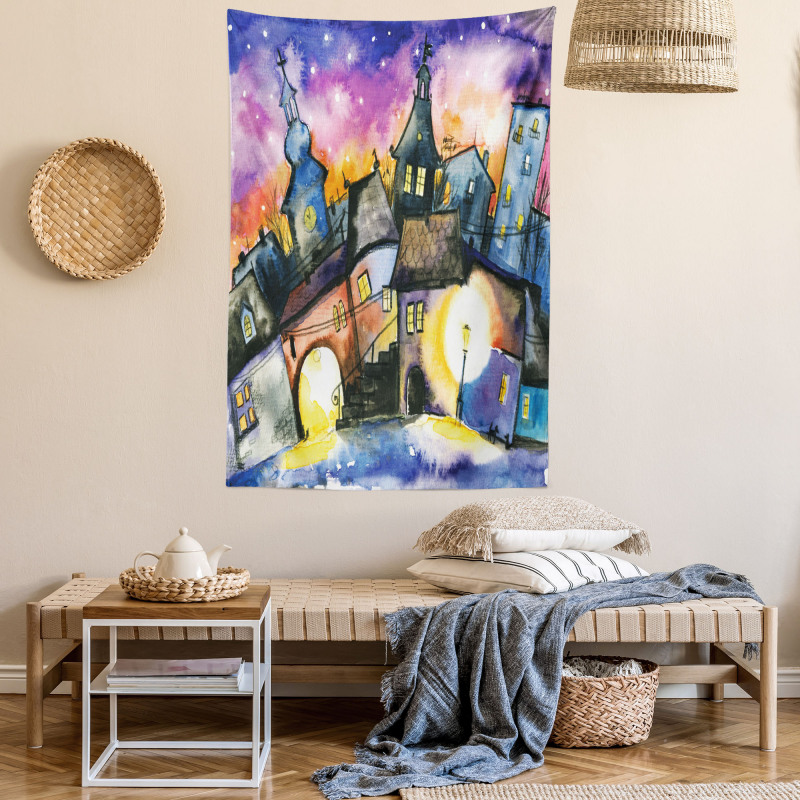 Town Night Watercolor Tapestry