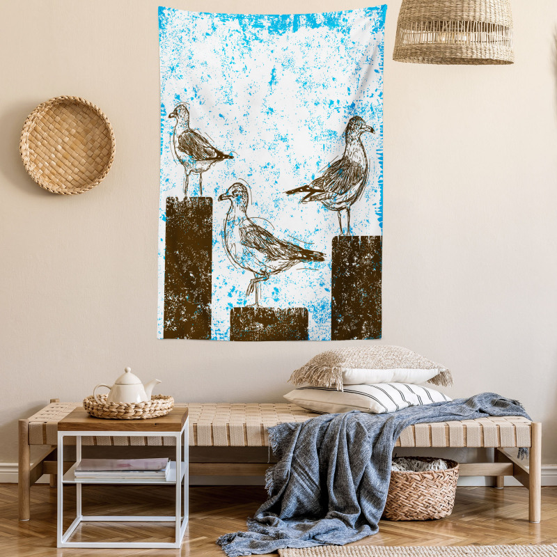 Grungy Sketch Seagulls Tapestry