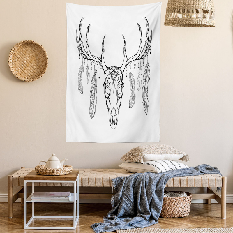 Skull with Antler Feather Tapestry