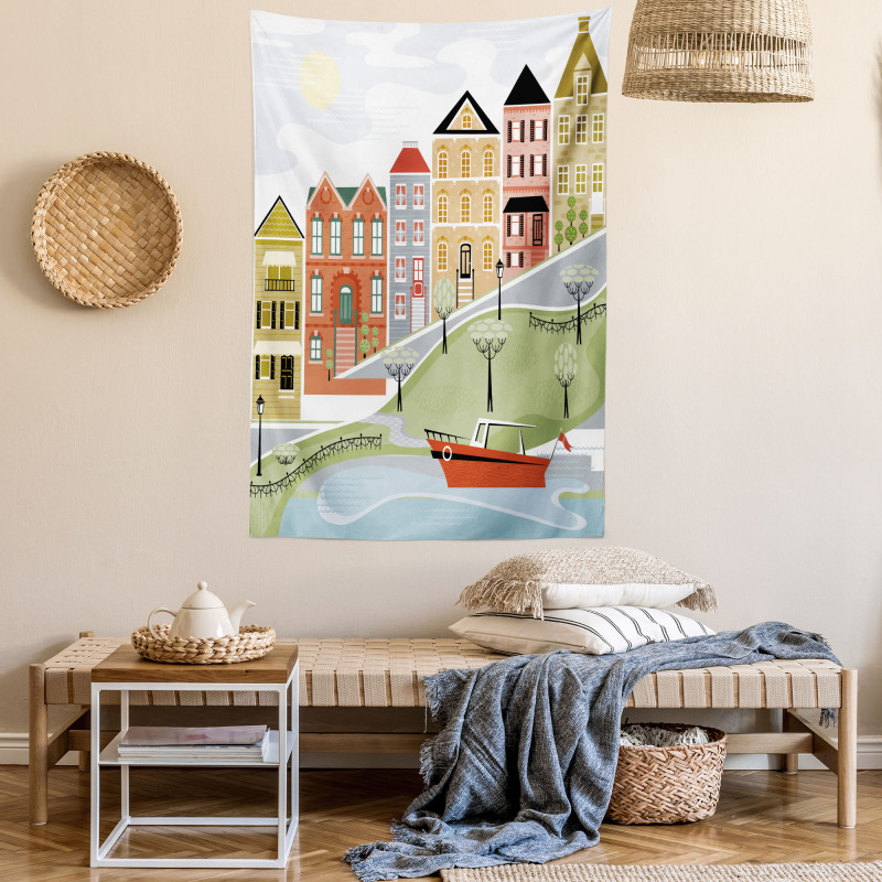 Quaint Village Street Tapestry