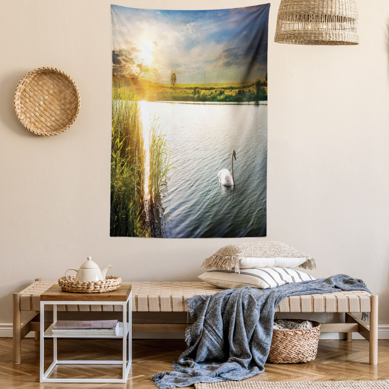 Swan in River at Dawn Photo Tapestry