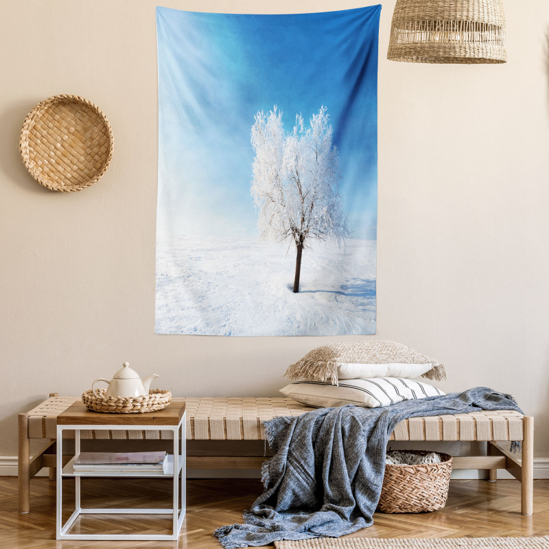 Snow Covered Alone Tree Tapestry