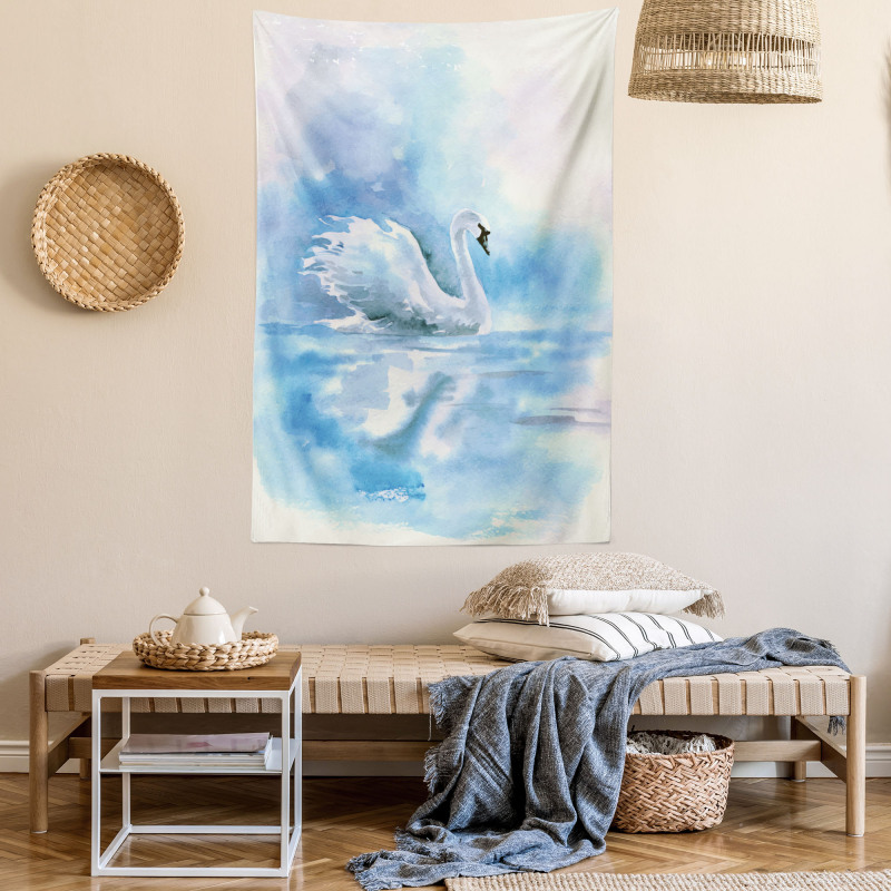 Swan in Hazy River Art Tapestry