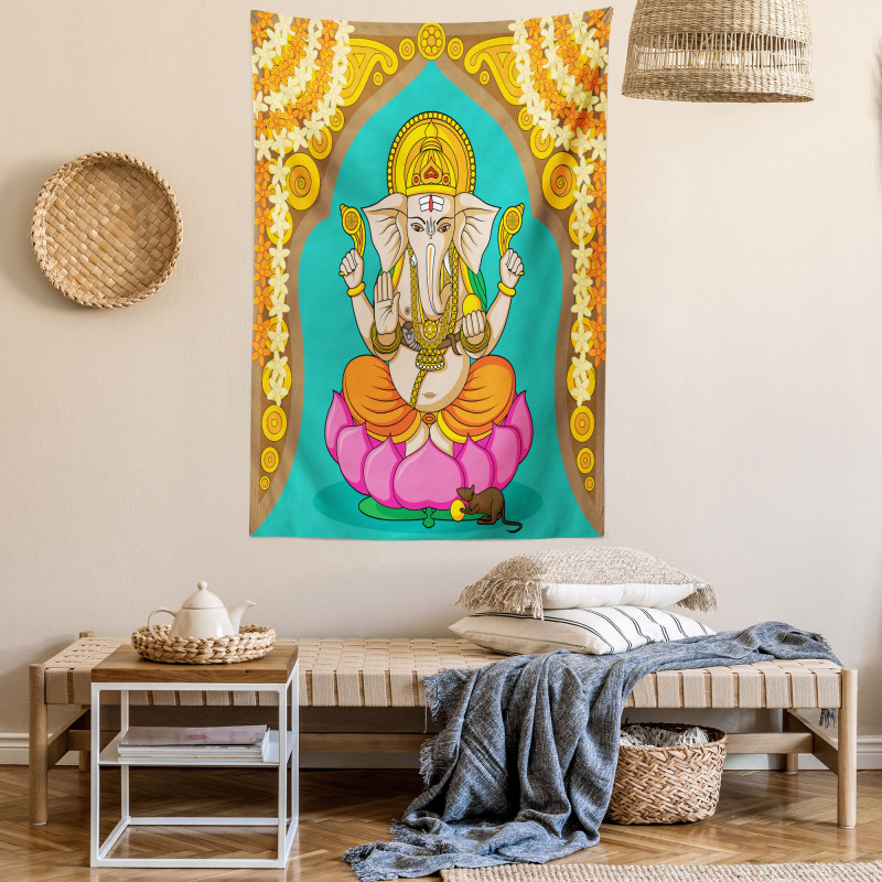 Elephant Figure Orient Lotus Tapestry