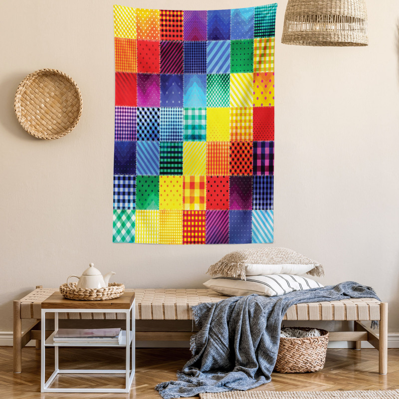 Rainbow Retro Patchwork Tapestry