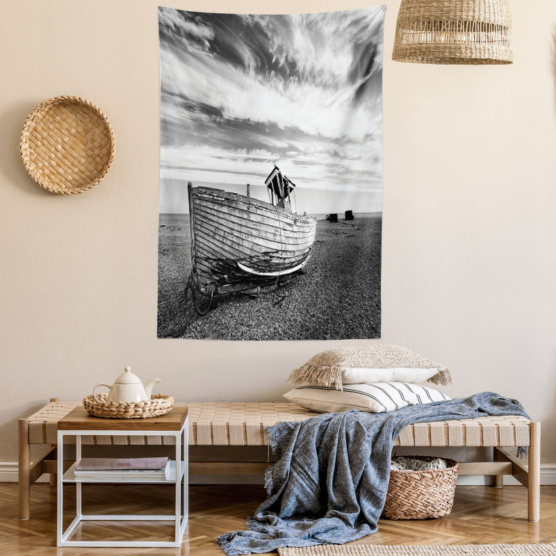 Wooden Boat on Beach Dusk Tapestry