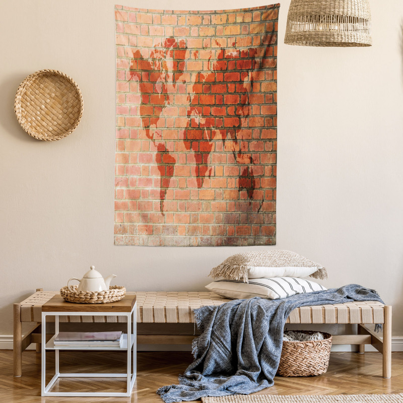 World Map on Brick Wall Tapestry