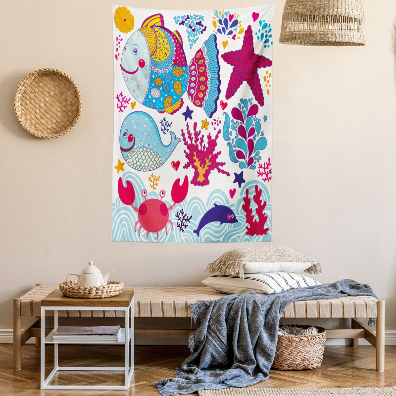 Cartoon Marine Ocean Life Tapestry