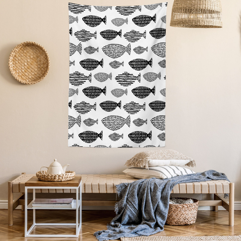 Sea Animals Black White Tapestry