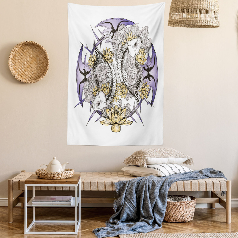 Fish Skeleton Lotus Art Tapestry