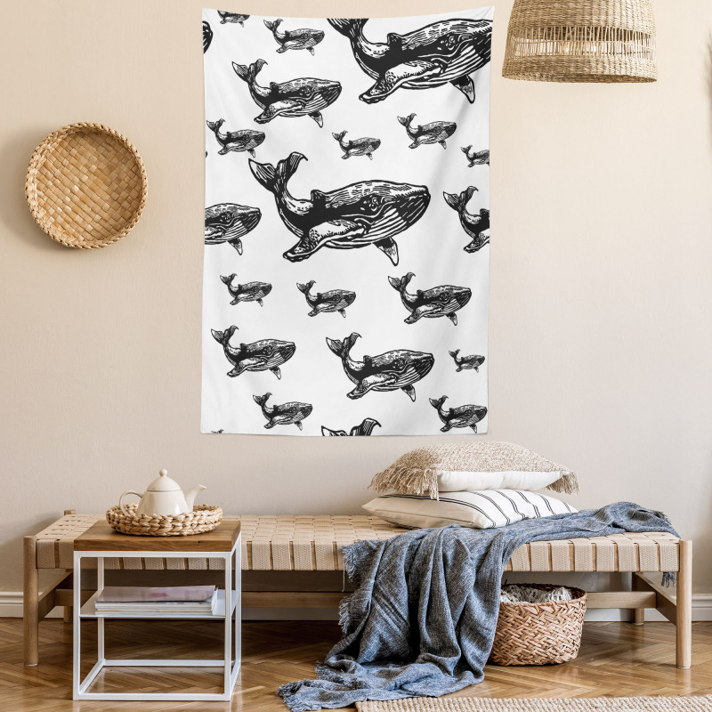 Hand Drawn Big Whales Tapestry