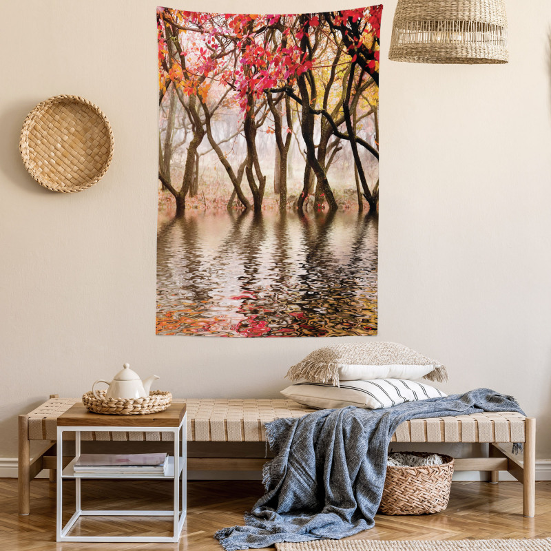 Fall Season River with Trees Tapestry