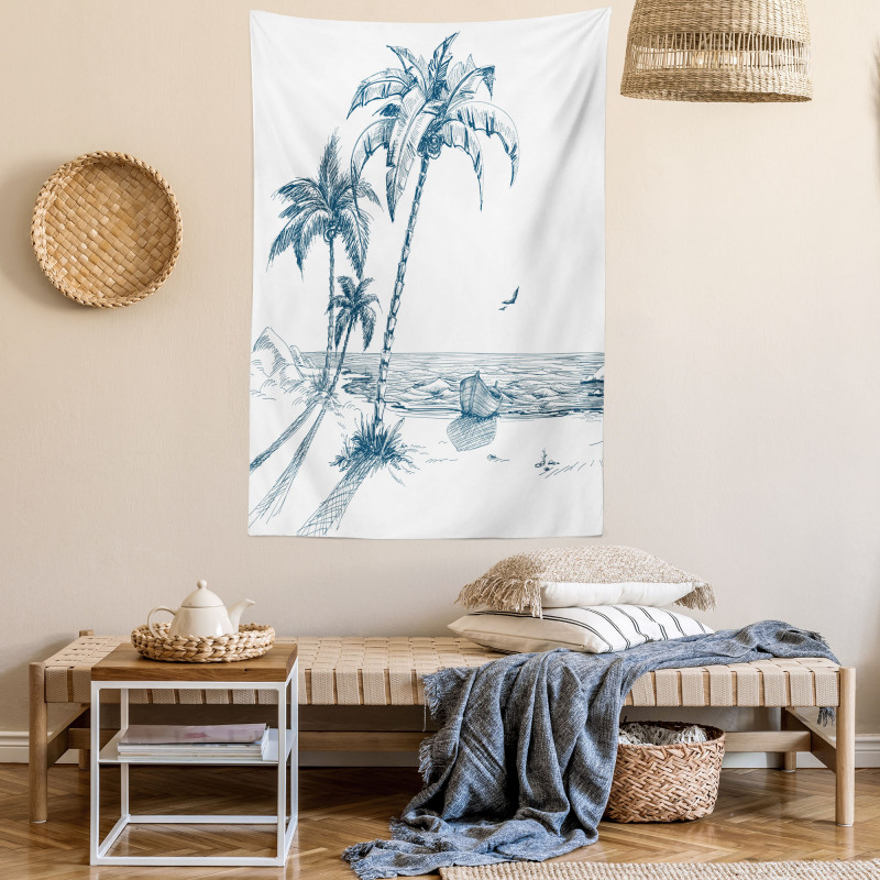 Palm Tree Boat Sketch Tapestry