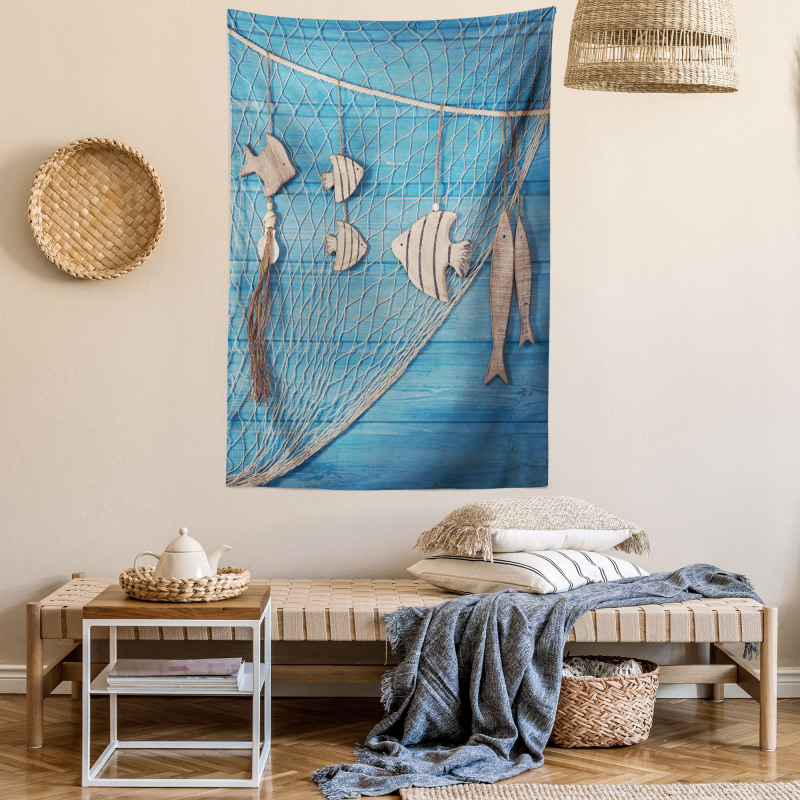 Wooden Fish Shell on Net Tapestry