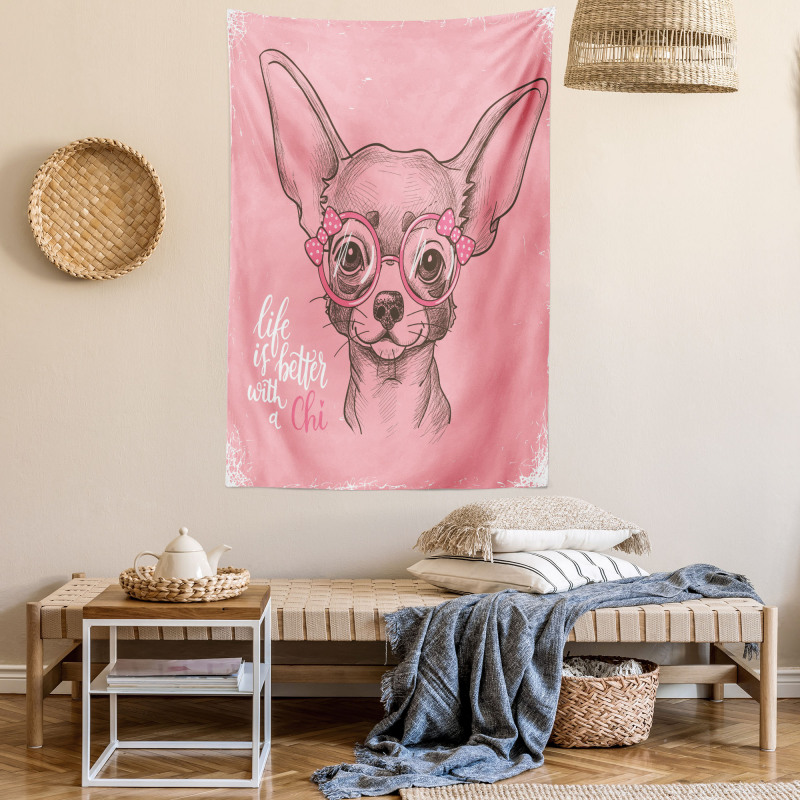 Girl Chihuahua Sketch Words Tapestry