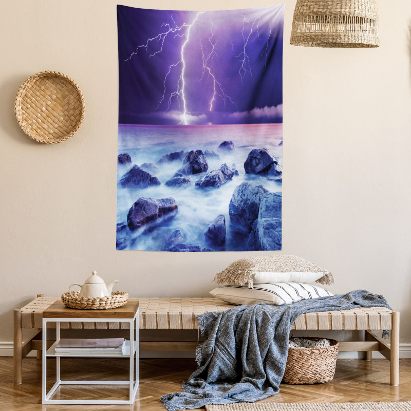 Stormy Sky Ocean Rocks Night Tapestry