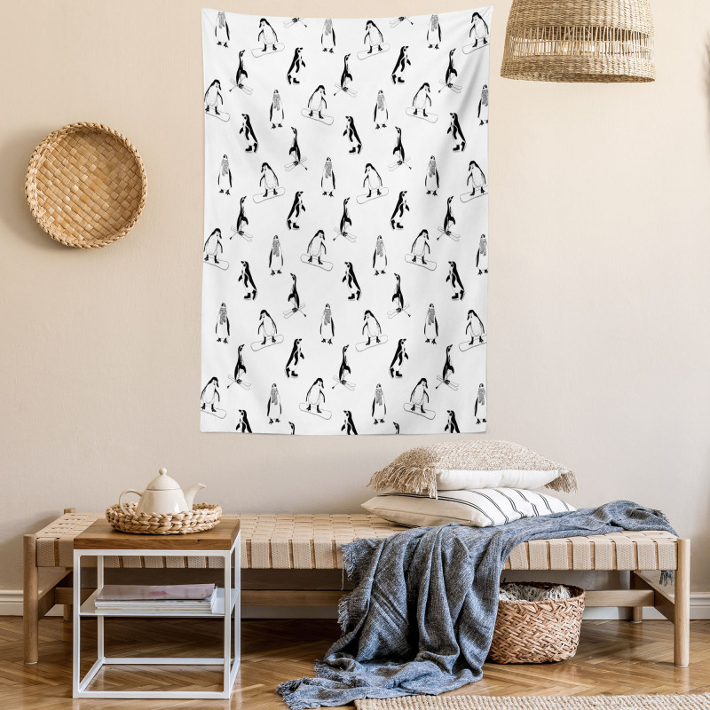 Skiing Penguins in Scarves Tapestry